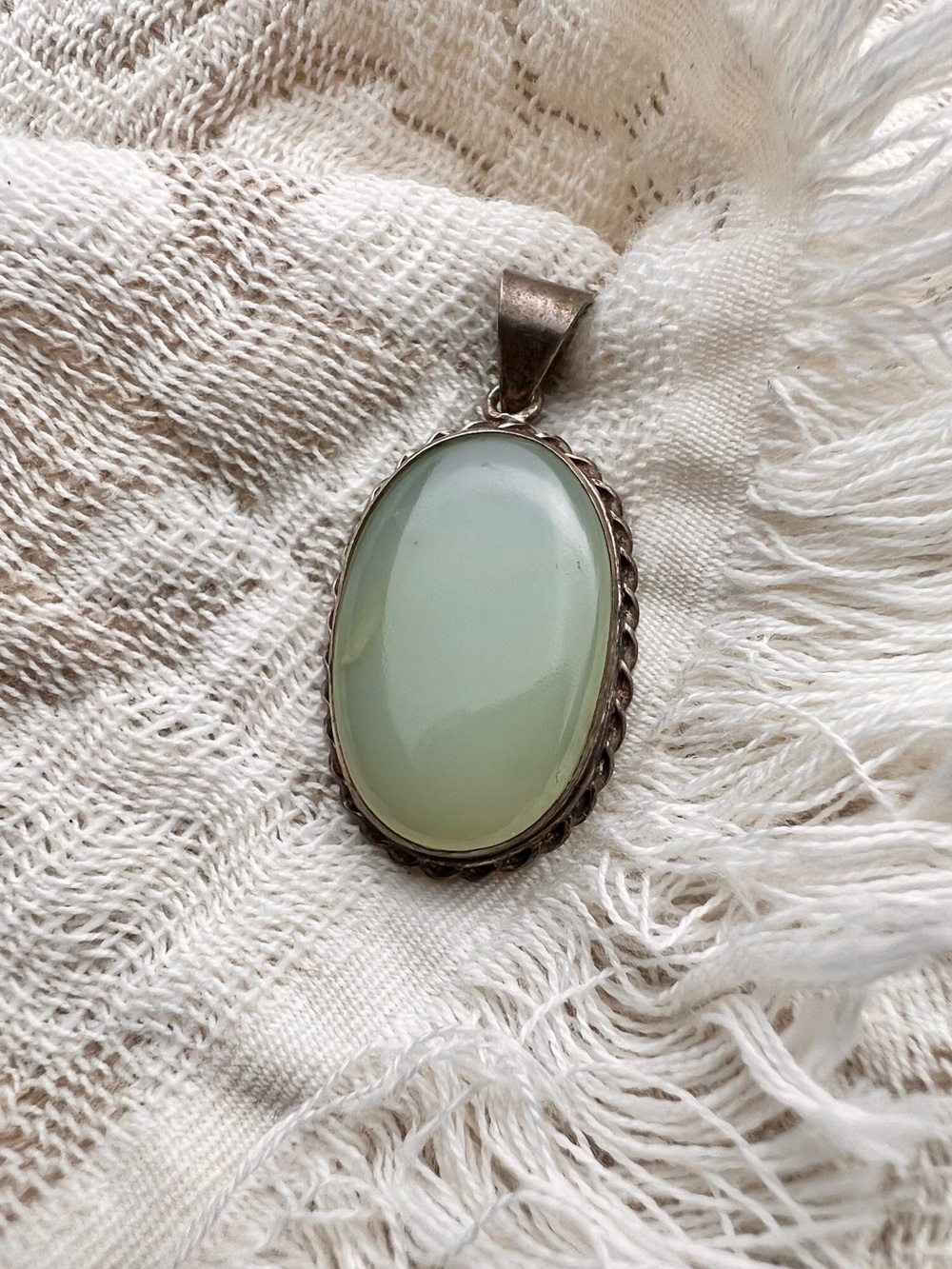 VINTAGE Aqua Green Blue Oval Gemstone Boho Pendant with Antique-Silver Border